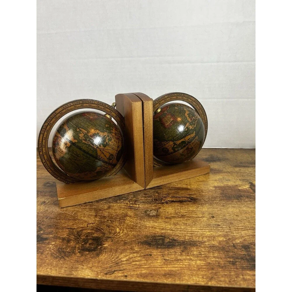 Vintage Italian Globe Bookends Wood Faux Antique Map Library Decor Made in Italy